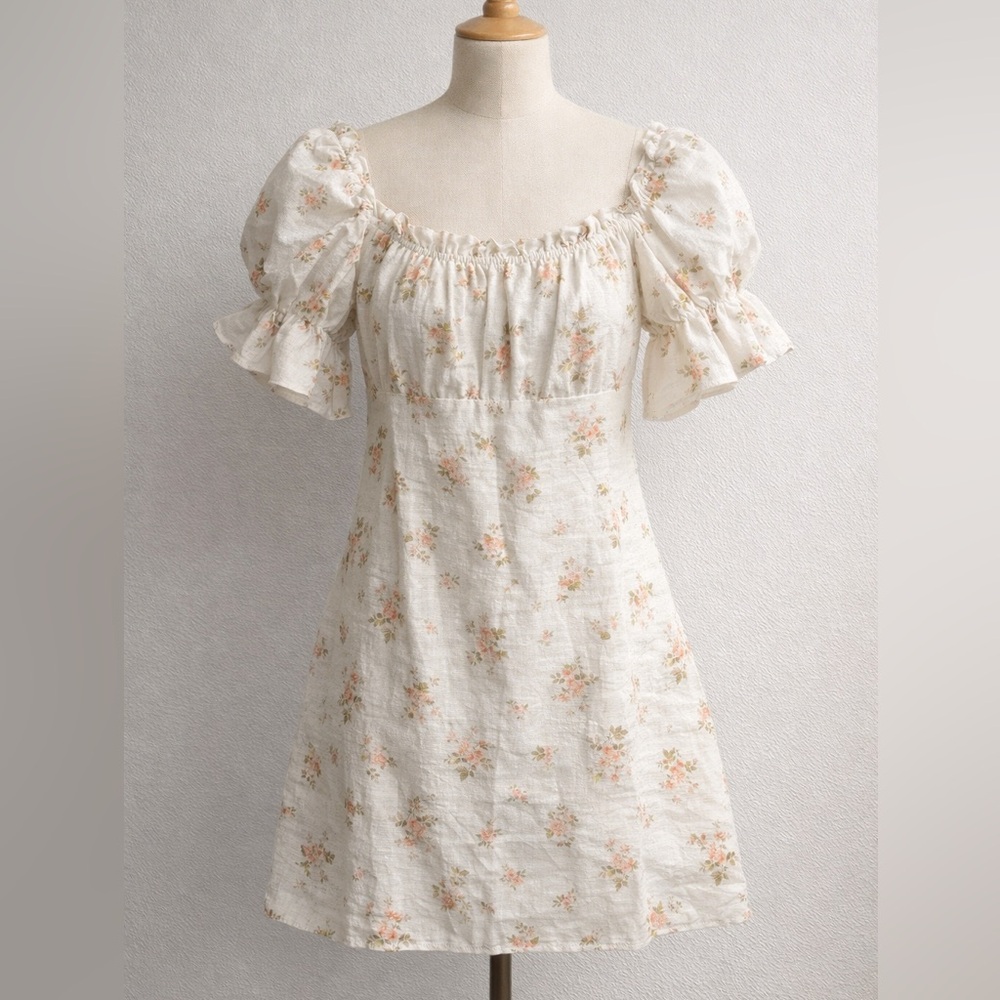 Reformation White Linen Puff Sleeve Mini Dress Cottagecore Milkmaid M - Picture 2 of 7